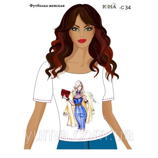 ЮМА-С-034 Женская футболка c рисунком Дама в синем для вышивки 