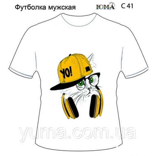 ЮМА-С-041Мужская футболка с рисунком Кот в наушниках для вышивки 