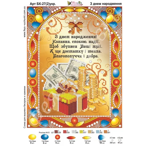 БК-027(2) Открытка с Днем рождения (укр). Схема для вышивки бисером и камнями Фея вышивки