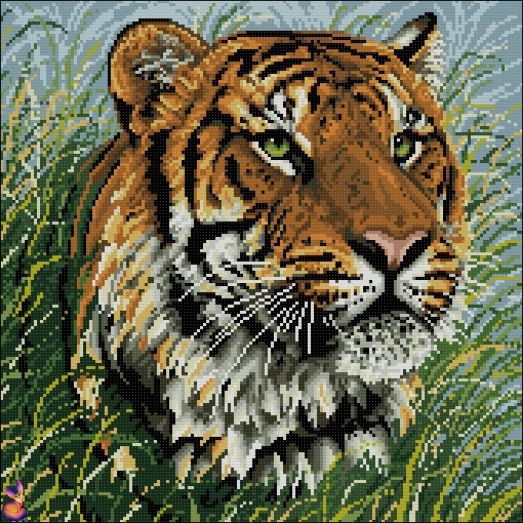  ФКп3-0023 Портрет тигра в траве. Схема для вышивки бисером Фокси